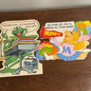 TWO Vintage Hallmark Muppets Kermit Miss Piggy Small Posters Go Team Desk Decor